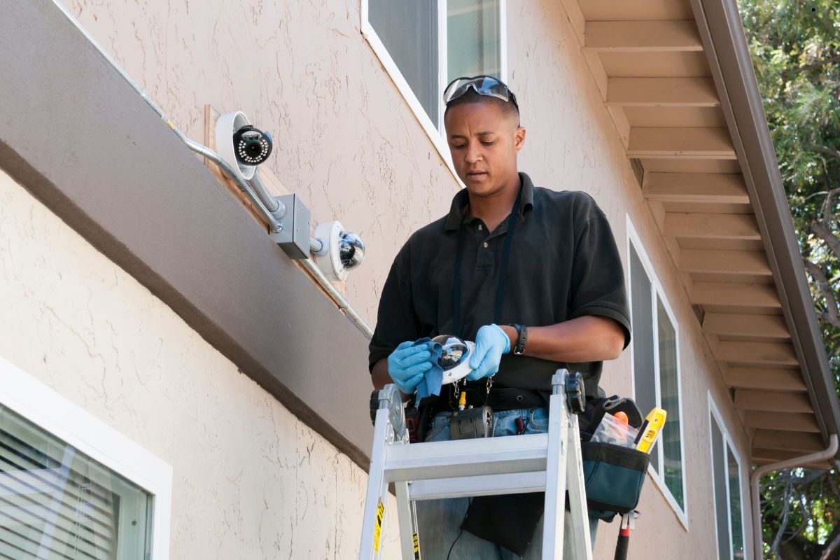 A man on a ladder installing a security camera for a home security service, ensuring safety and surveillance.