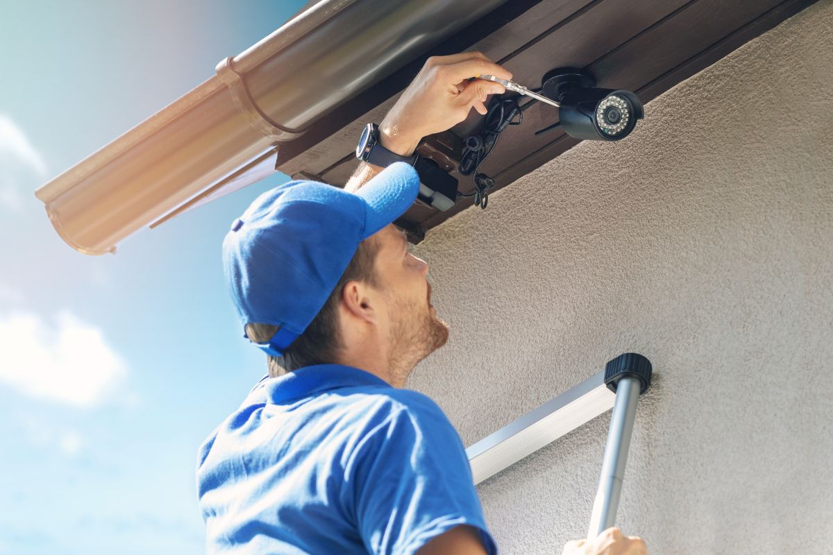 A man in a blue shirt repairs a camera mounted on the side of a house for a home security service.